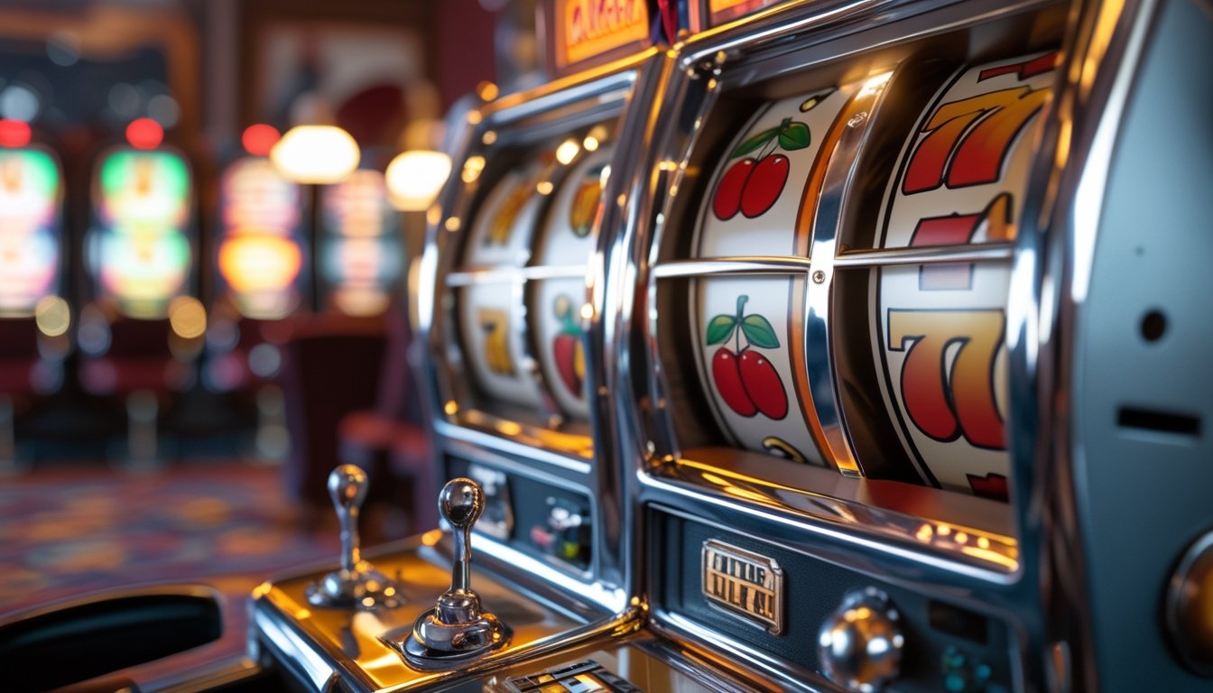 Mesin slot retro klasik dengan simbol buah dan angka di latar belakang kasino.