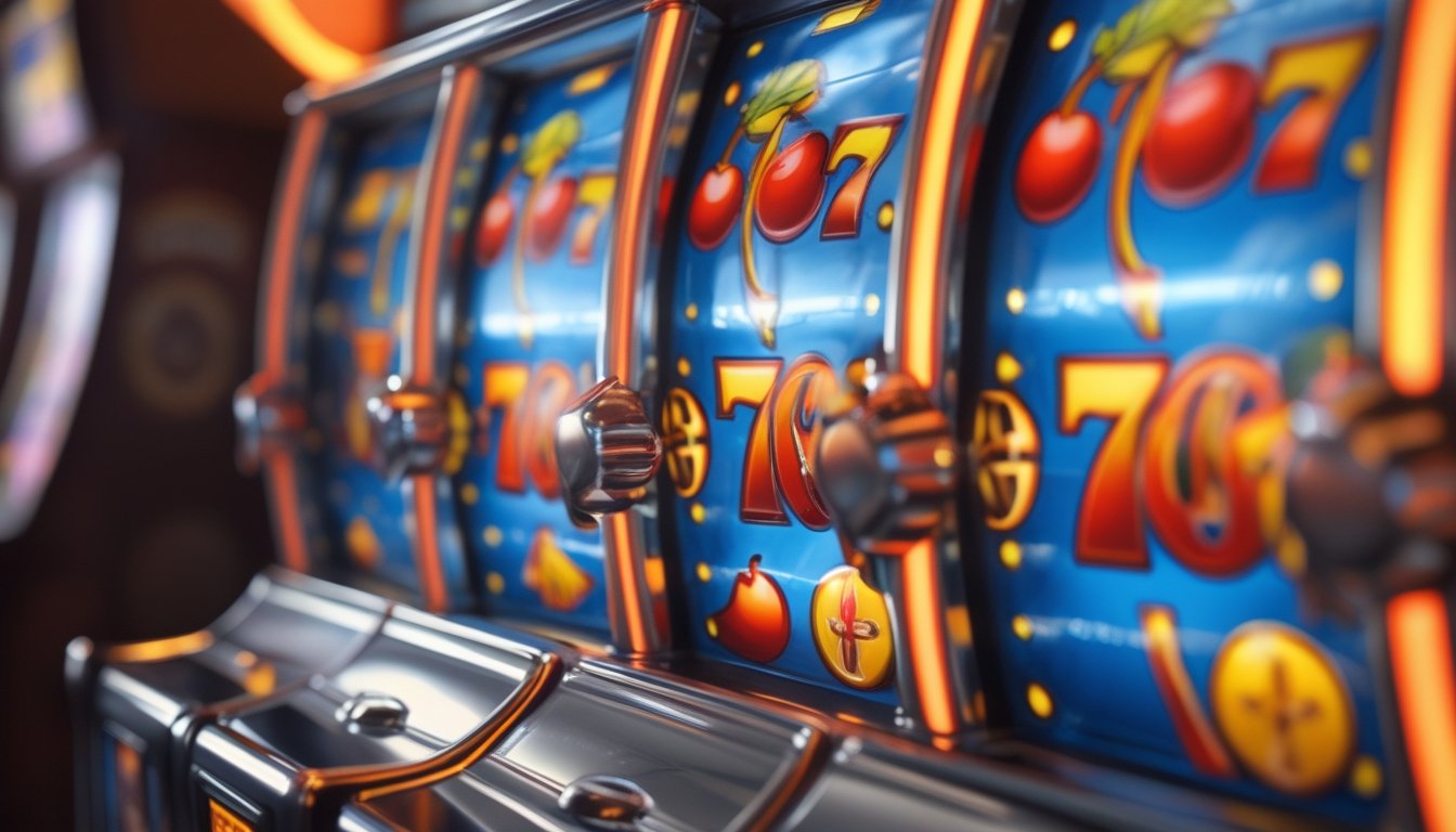 Close-up mesin slot klasik dengan simbol warna-warni di dalam kasino yang remang-remang.