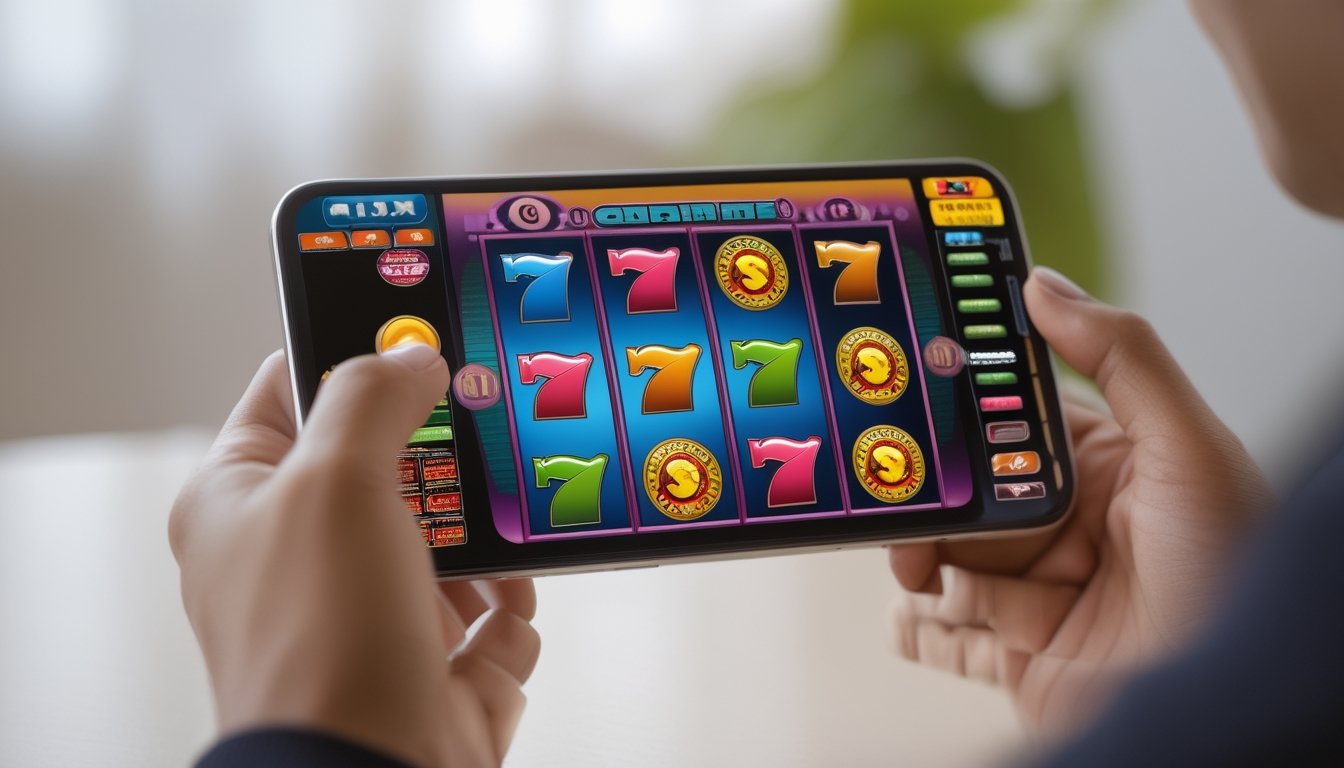 Seseorang memegang smartphone yang menampilkan permainan slot retro dengan latar dalam ruangan yang terang.