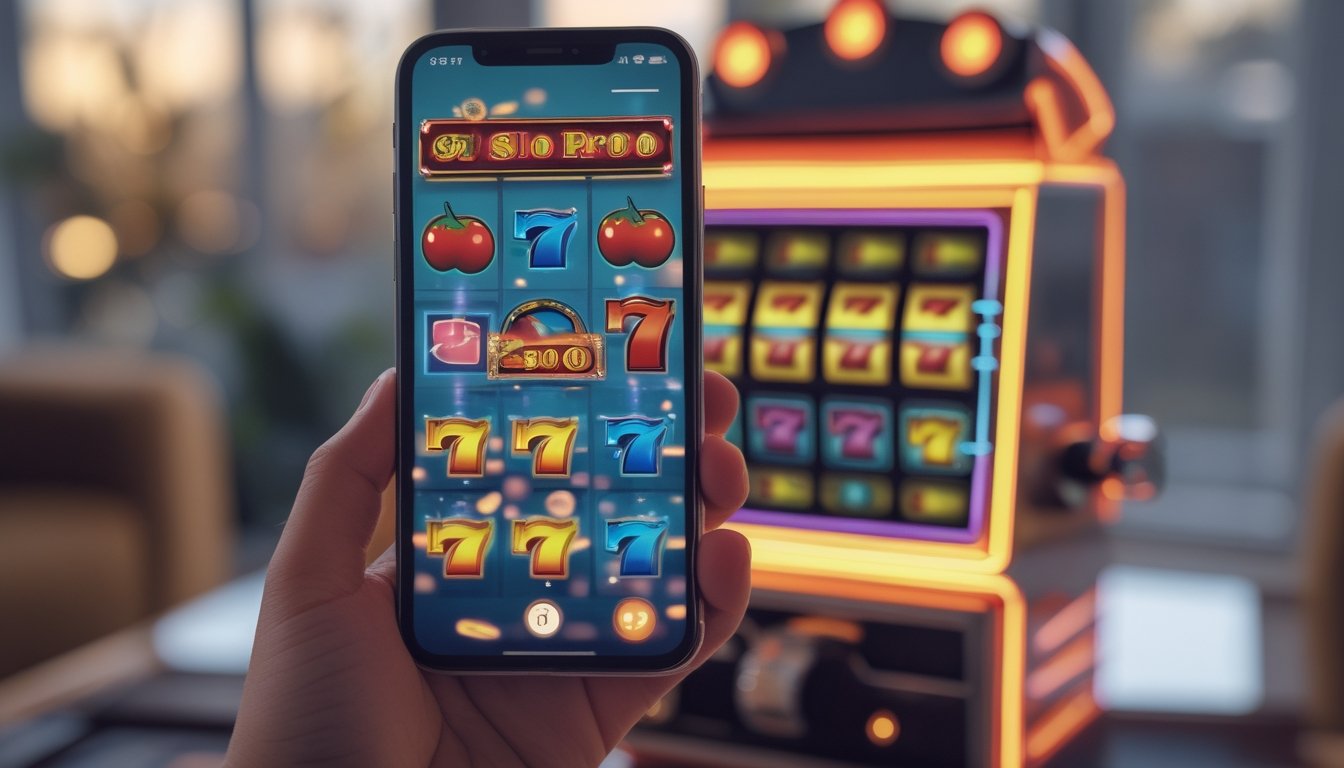 Seseorang memegang smartphone yang menampilkan permainan slot retro dengan simbol klasik di layar.