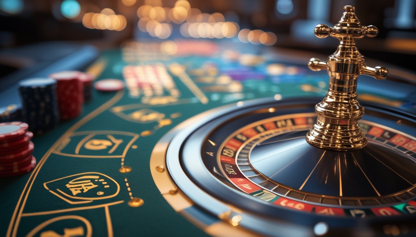 Tampilan dekat meja roulette dengan bola yang sedang berputar dan chip taruhan di atas meja di dalam kasino.