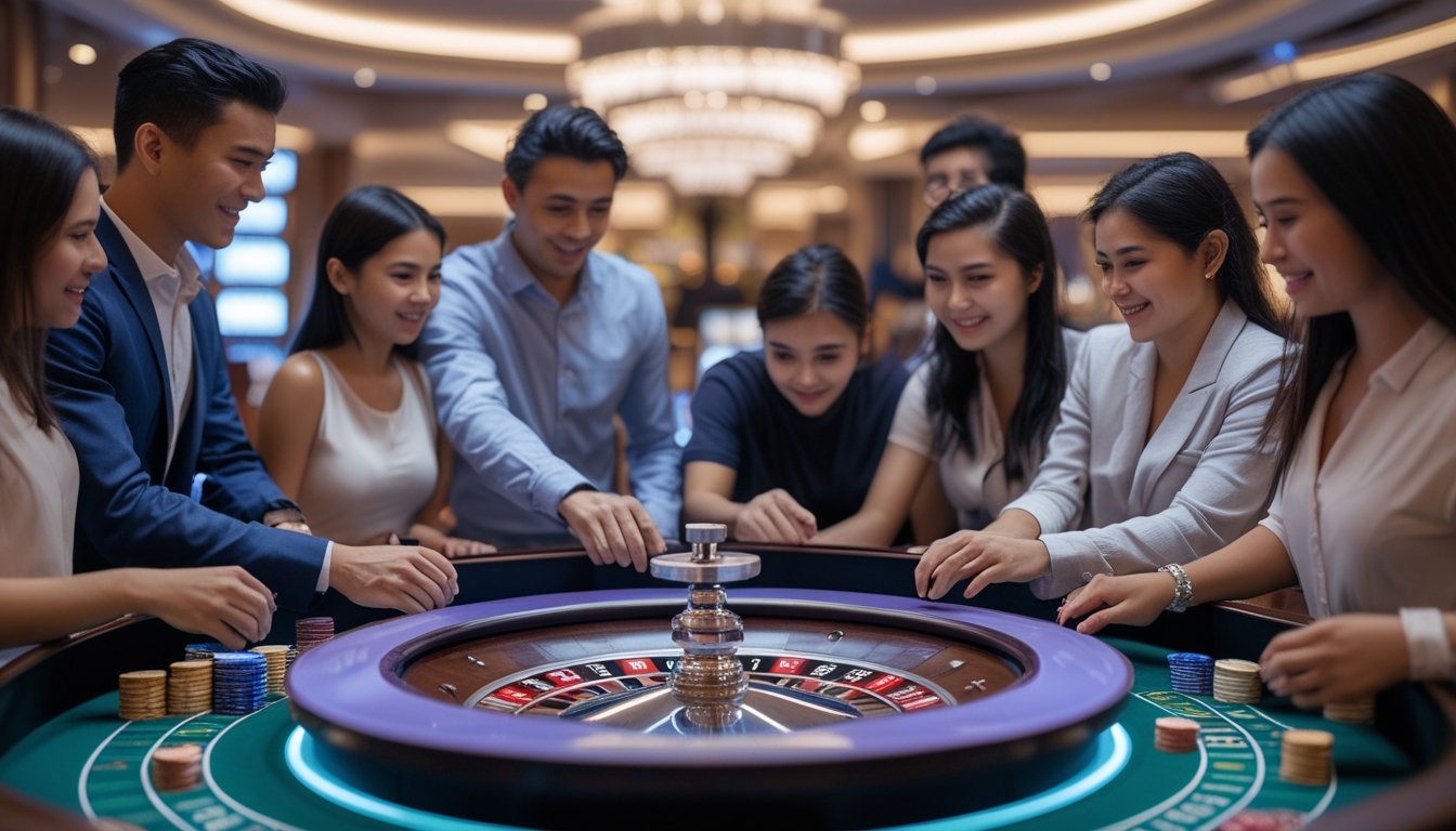 Sekelompok pemain muda berkumpul di sekitar meja roulette digital yang modern di dalam kasino yang mewah.