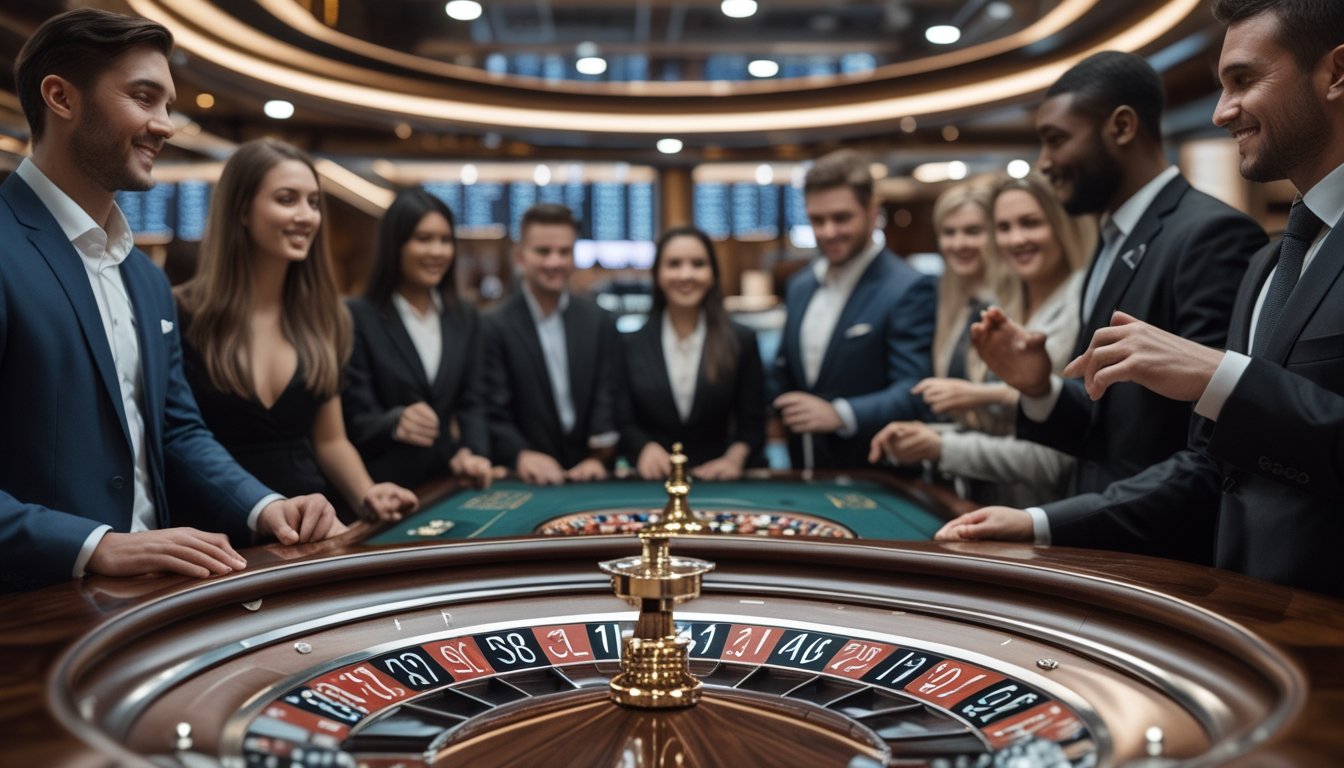 Beberapa orang berkumpul di sekitar meja roulette di kasino, terlihat fokus pada permainan dan suasana yang mewah.