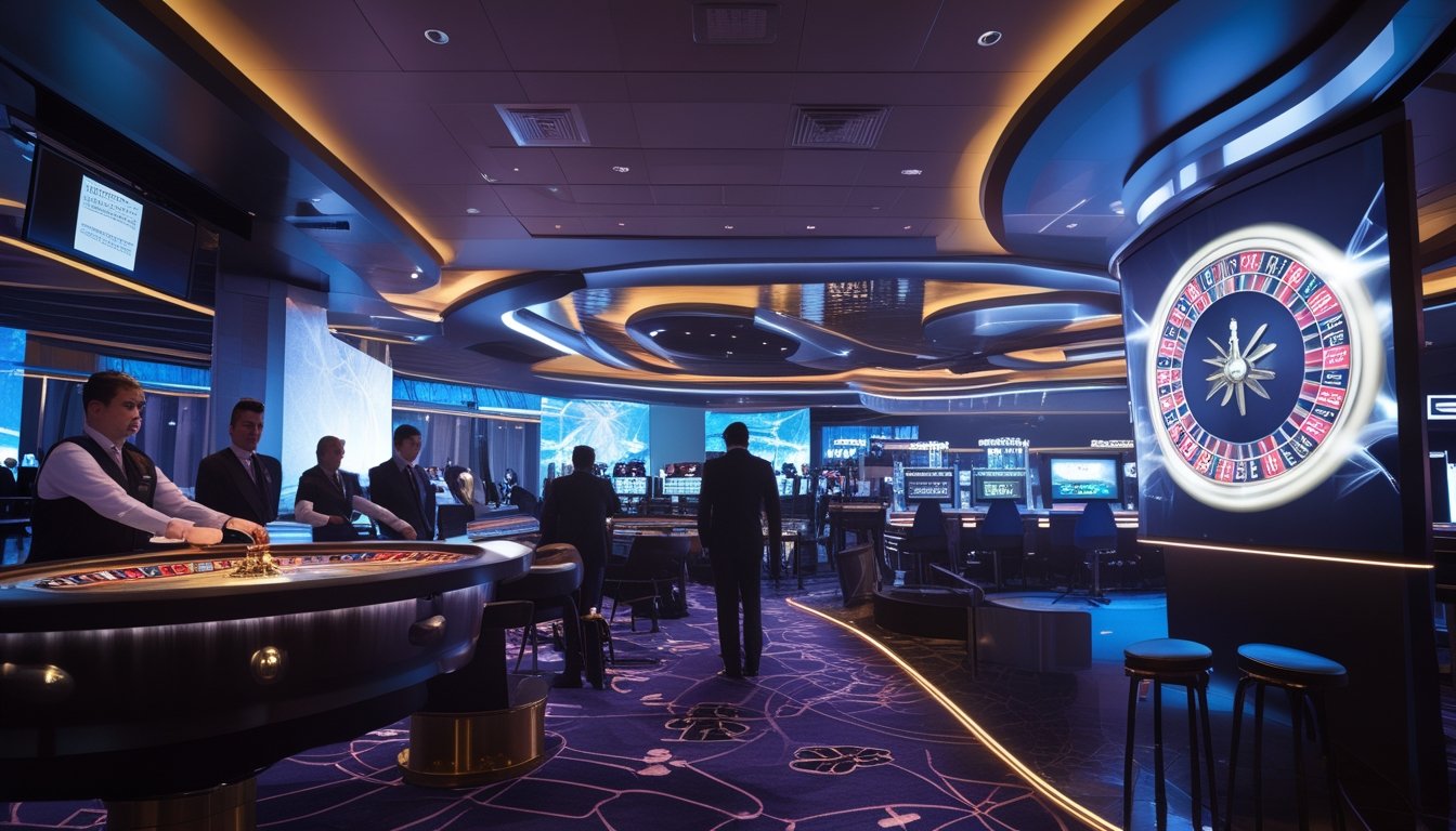 Suasana kasino dengan dua meja roulette, satu meja roulette tradisional dan satu meja roulette digital interaktif dengan layar besar dan pemain yang berinteraksi.
