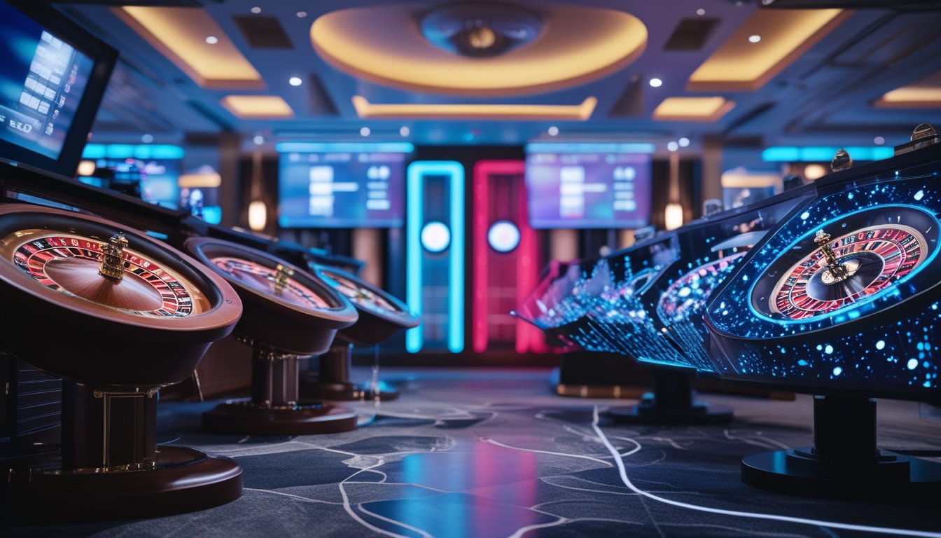 Dua meja roulette berdampingan di kasino, satu dengan desain klasik dan satu lagi dengan teknologi visual modern dan pencahayaan LED.