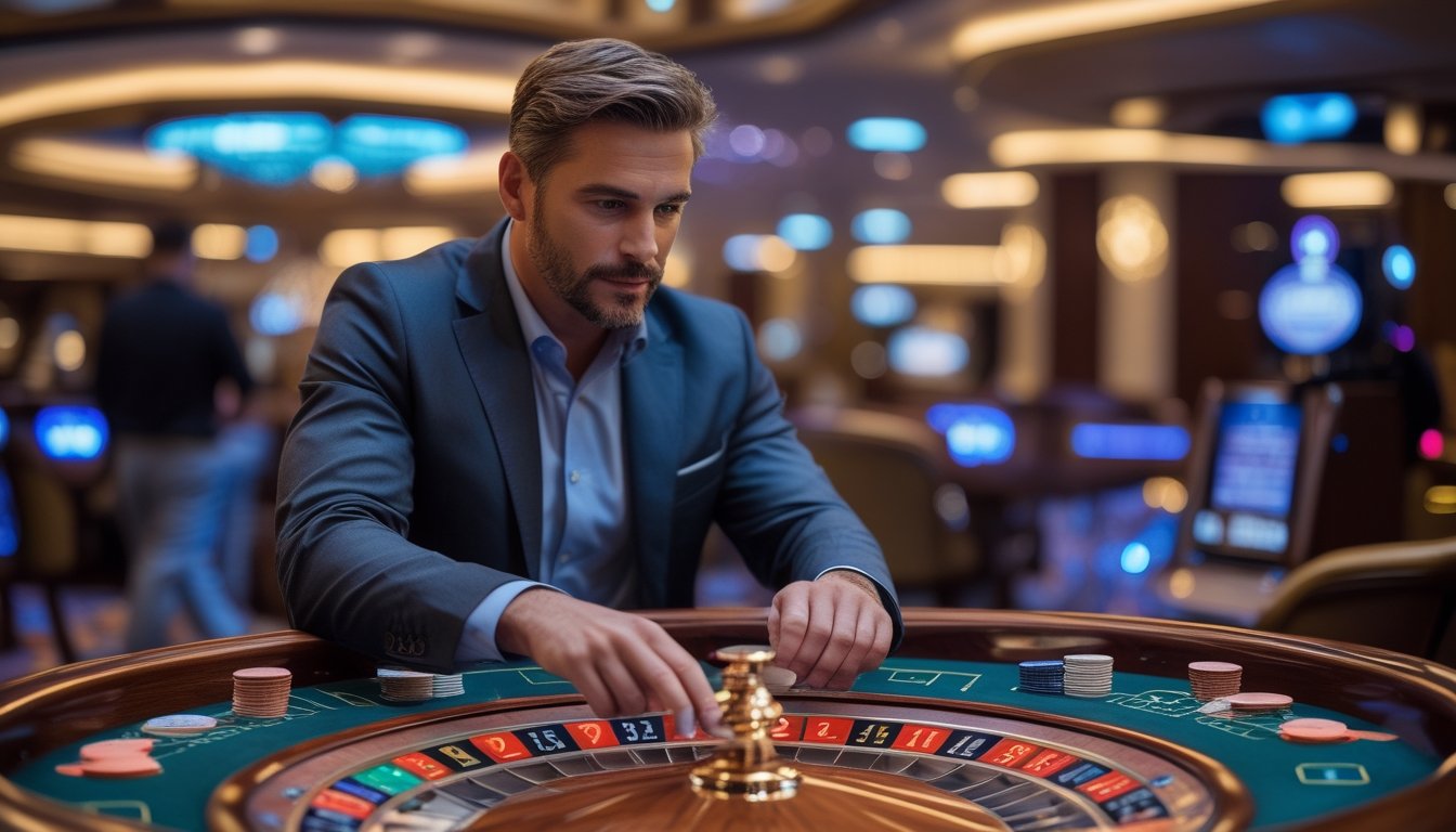 Seorang pria dewasa duduk di meja kasino bermain roulette dengan fokus, mengatur chip dan uang dengan ekspresi serius.