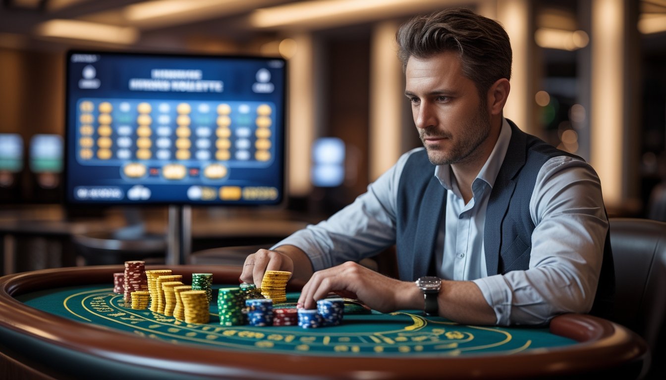 Seorang pria dewasa duduk di meja kasino mengatur chip dengan fokus saat bermain roulette.