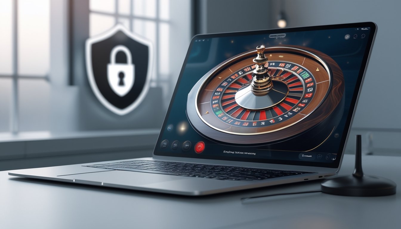 Sebuah meja dengan komputer yang menampilkan permainan roulette online yang realistis dan modern.
