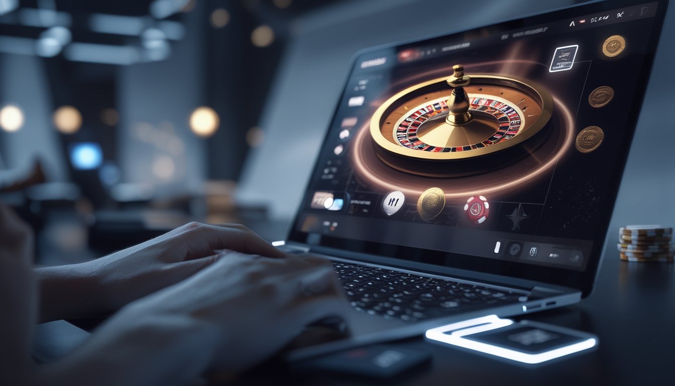 Layar komputer menampilkan roda roulette yang berputar dengan efek cahaya, di lingkungan kasino online modern.