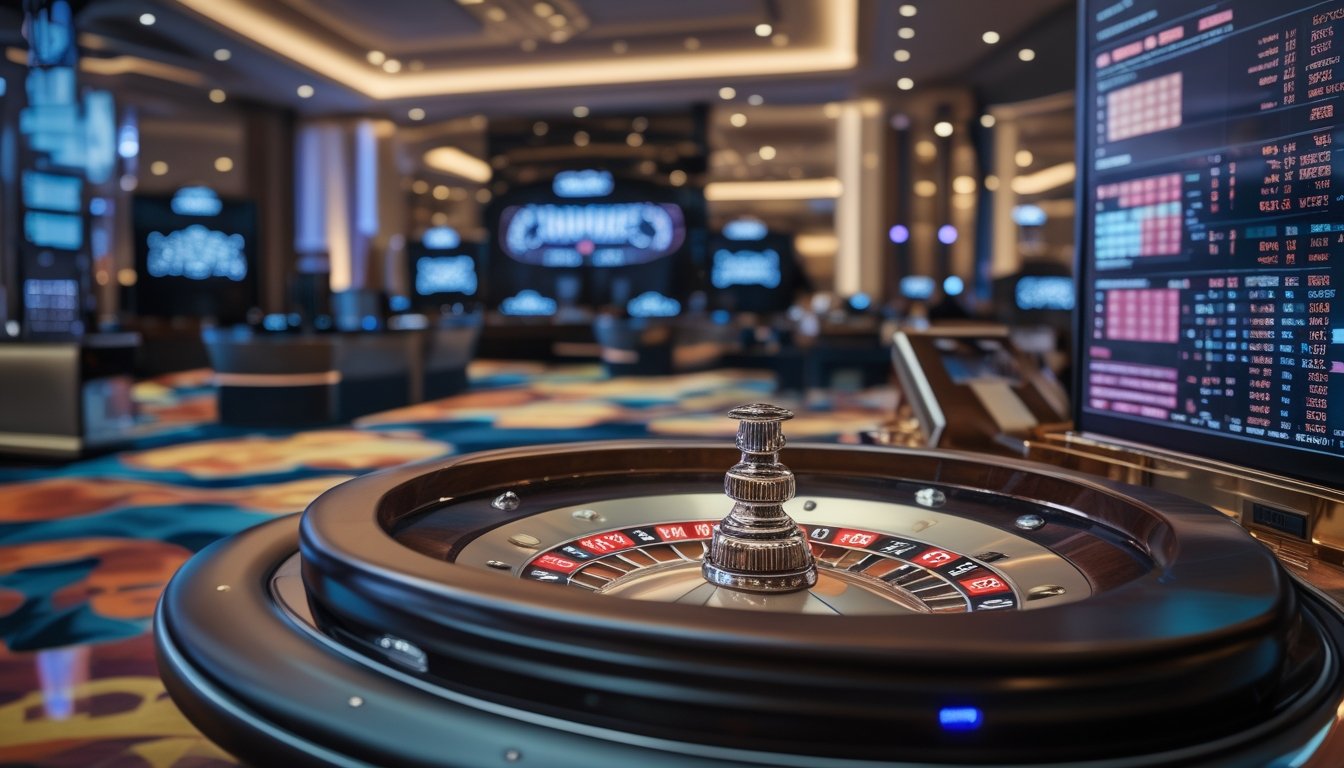 Pemandangan dekat roda roulette yang sedang berputar lambat dengan layar digital menampilkan grafik analisis taruhan di latar belakang kasino.