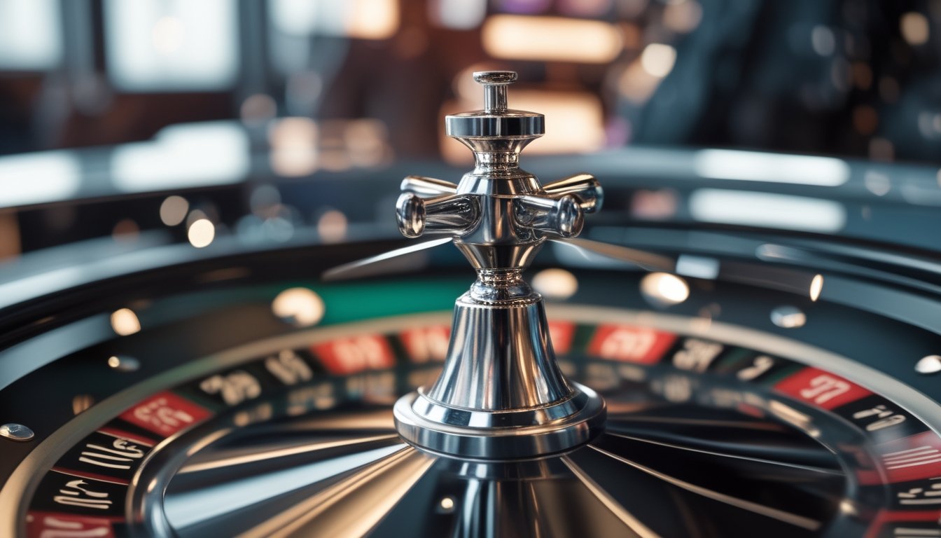 Close-up roda roulette yang sedang berputar dengan bola terlihat bergerak lambat di dalam kasino modern.