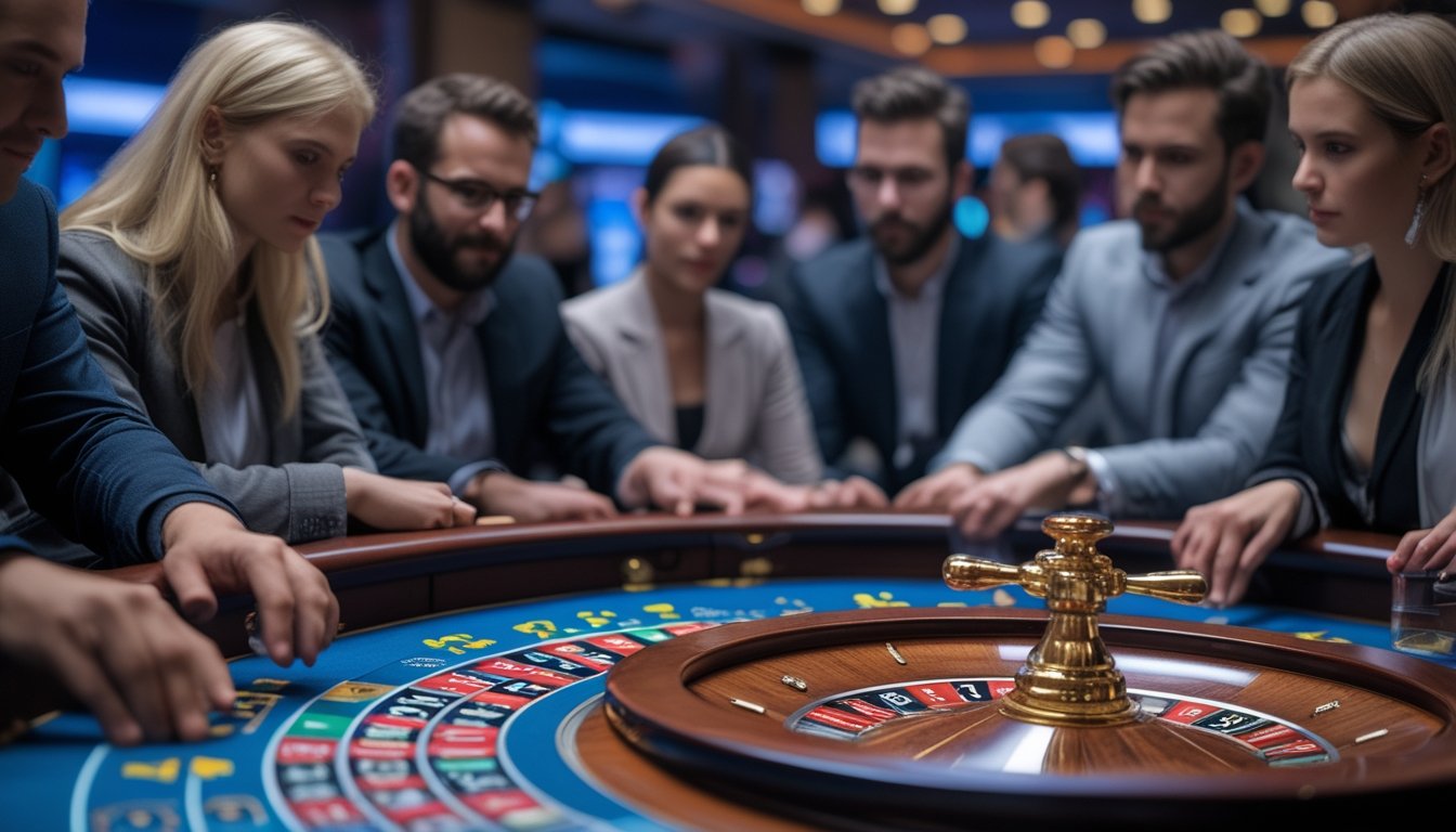 Meja roulette dengan pemain yang fokus mengamati putaran roda dan angka taruhan di kasino modern.