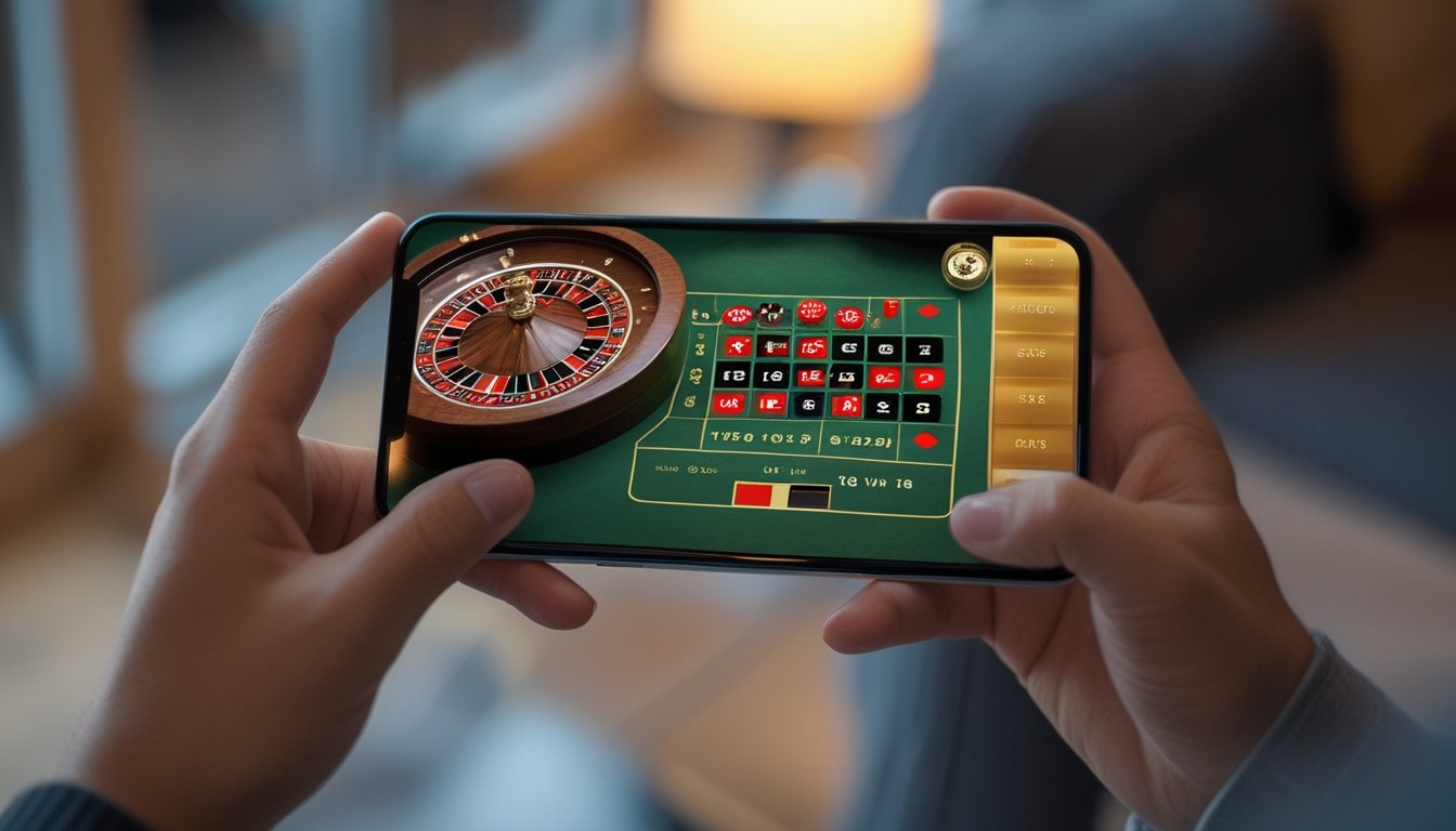 Seseorang sedang bermain roulette immersive di ponsel dengan tampilan permainan yang jelas dan berwarna.