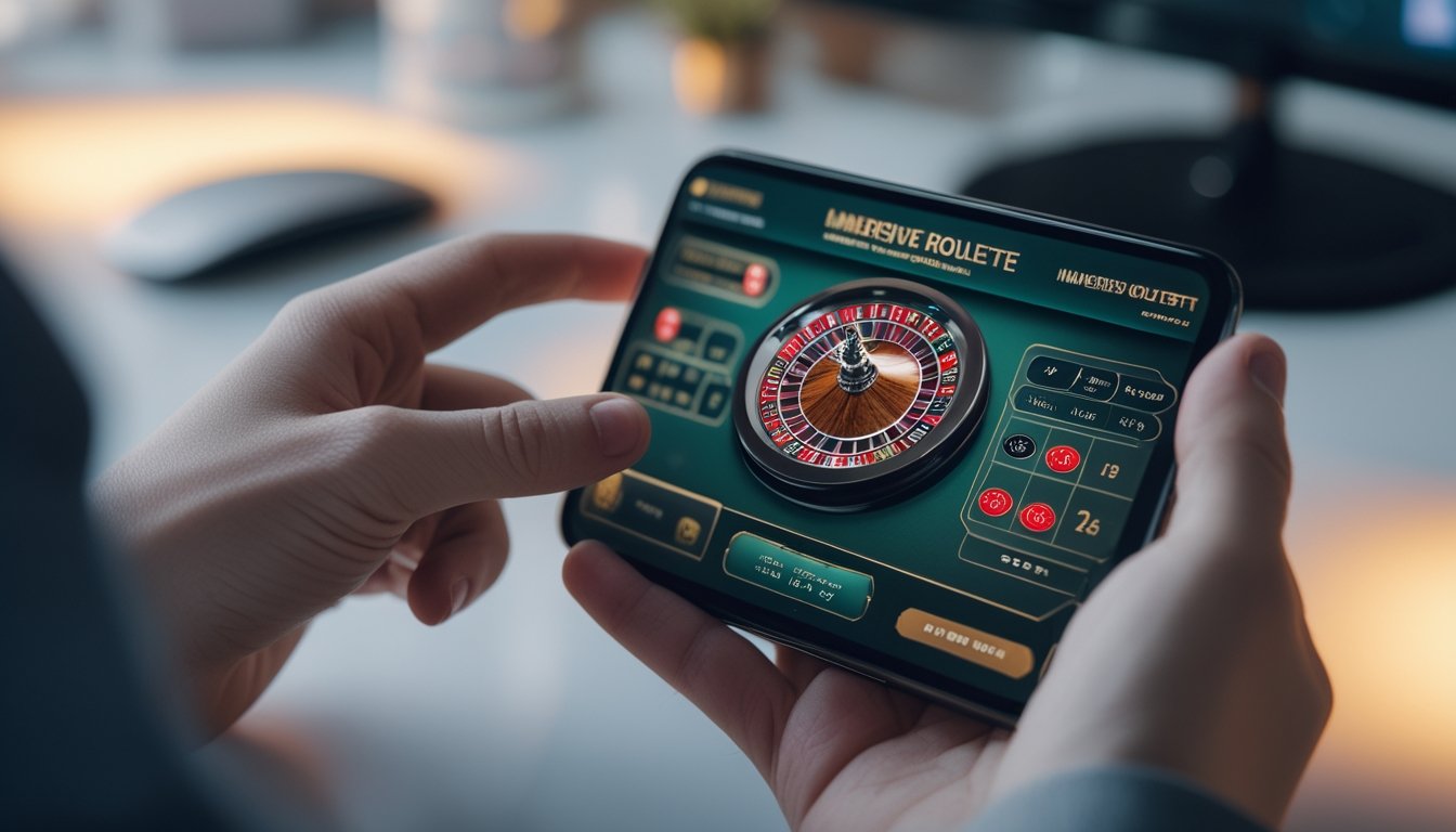 Seseorang memegang smartphone yang menampilkan permainan roulette imersif dengan grafis berkualitas tinggi.
