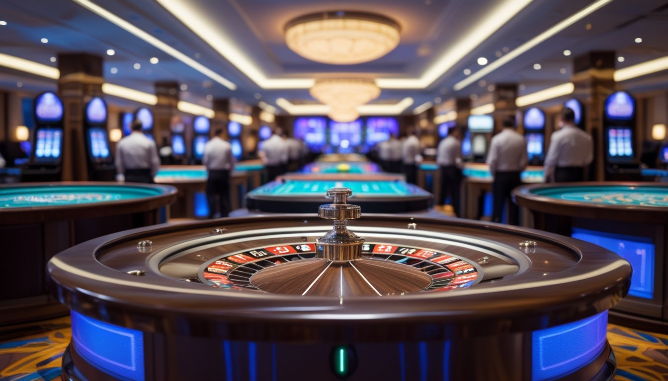 Suasana kasino dengan meja roulette immersive modern di tengah dan beberapa meja roulette live tradisional di latar belakang, dikelilingi oleh croupier yang sedang mengelola permainan.