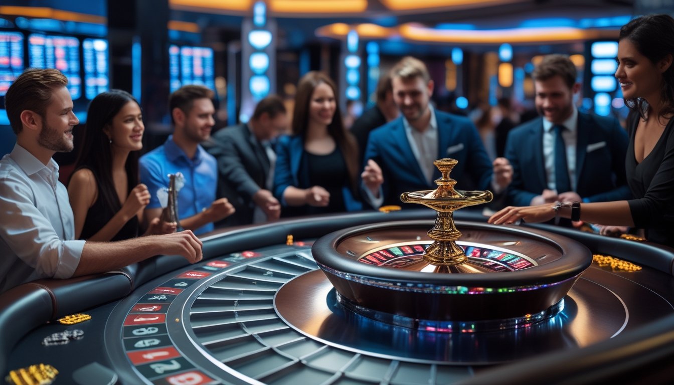 Meja roulette modern dengan pemain yang fokus dan dealer di latar belakang dalam suasana kasino yang sibuk.