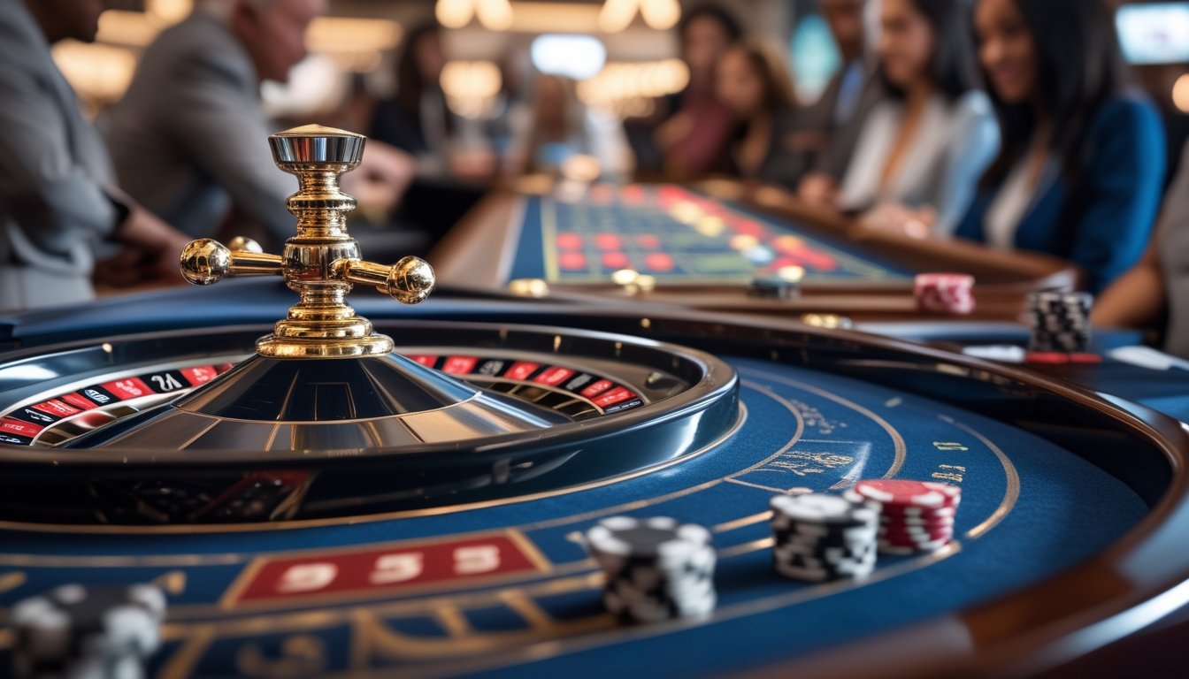 Meja roulette dengan roda berwarna merah dan hitam di kasino, dikelilingi oleh tumpukan chip taruhan dan pemain yang fokus bermain.