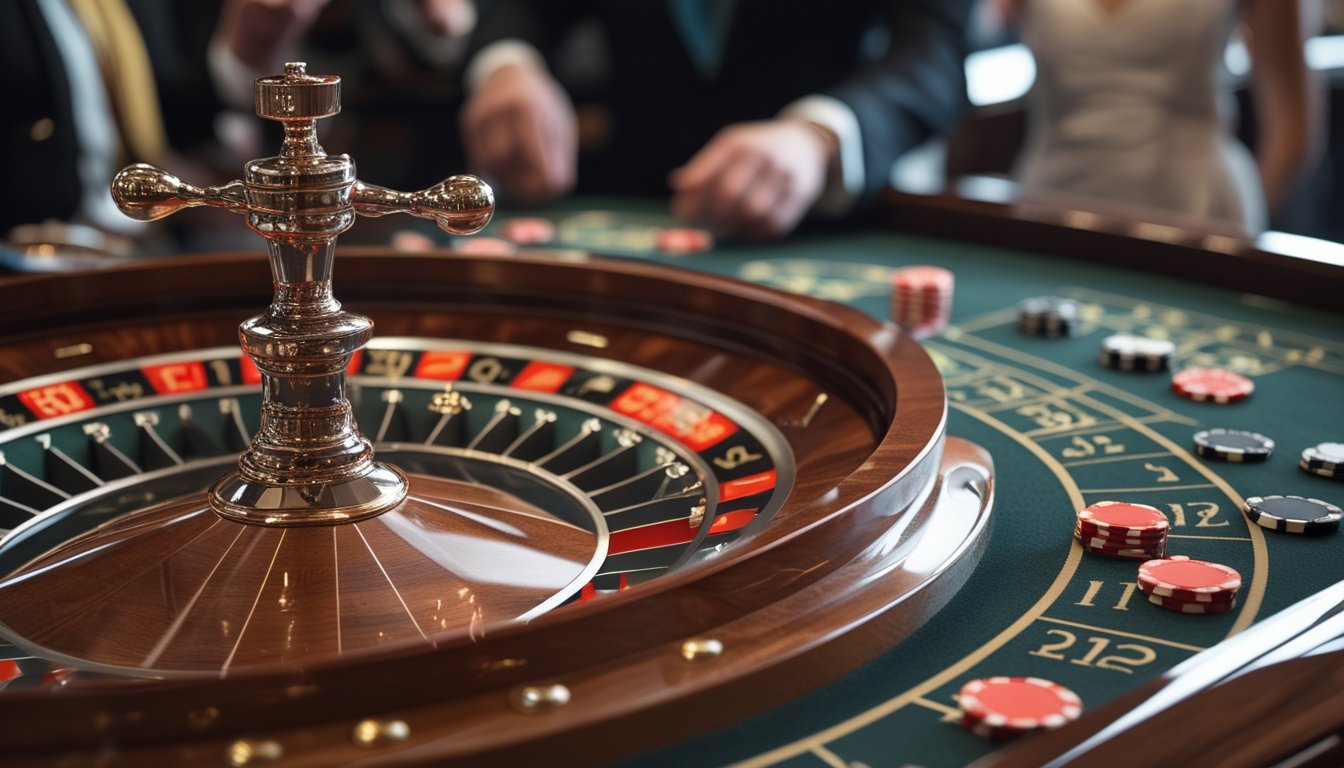 Meja rolet imersif dengan roda roulette dan tumpukan chip taruhan di kasino mewah, dengan pemain dan dealer di latar belakang.