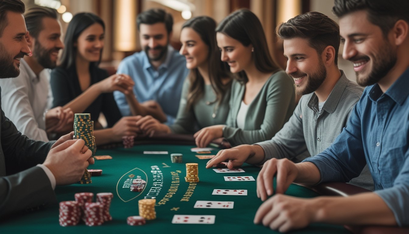 Sekelompok orang bermain poker di meja hijau dengan chip dan kartu di kasino yang terang dan nyaman.