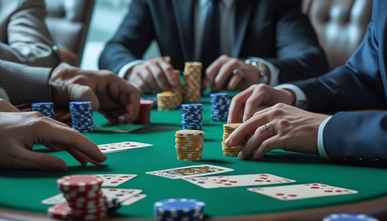 Meja poker dengan kartu dan chip tertata rapi, tangan pemain sedang bermain permainan Irish Poker.