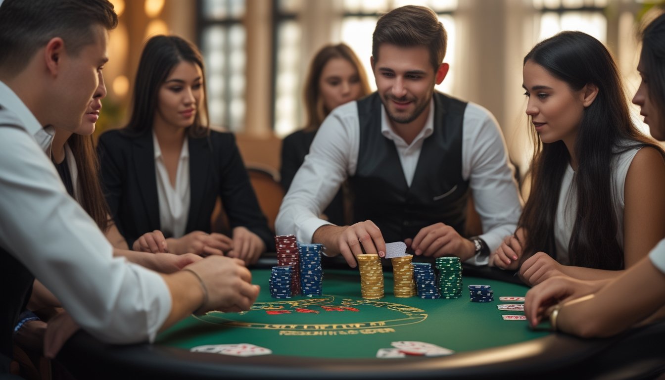 Orang-orang sedang bermain poker di meja dengan chip dan kartu, fokus pada permainan.
