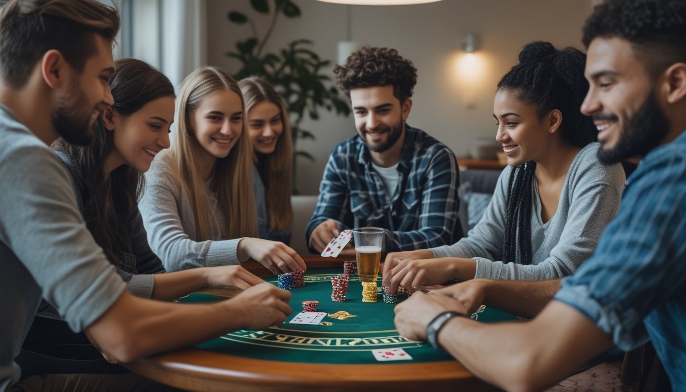 Sekelompok orang muda sedang bermain Irish Poker di meja kayu dengan kartu dan chip poker dalam suasana santai.