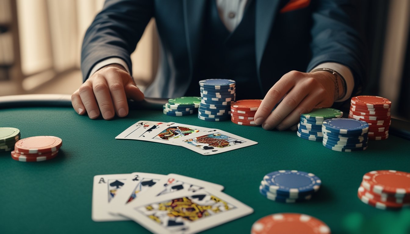 Meja poker dengan kartu dan tumpukan chip, tangan dealer sedang membagikan kartu.