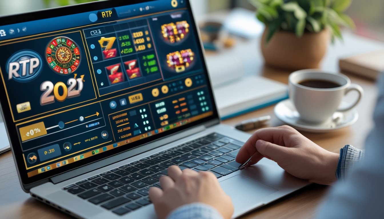 Meja kerja dengan laptop yang menampilkan grafik permainan slot online dan statistik, tangan seseorang sedang menggunakan laptop dan memegang pena, dengan ponsel di samping dan suasana fokus di ruang kerja.