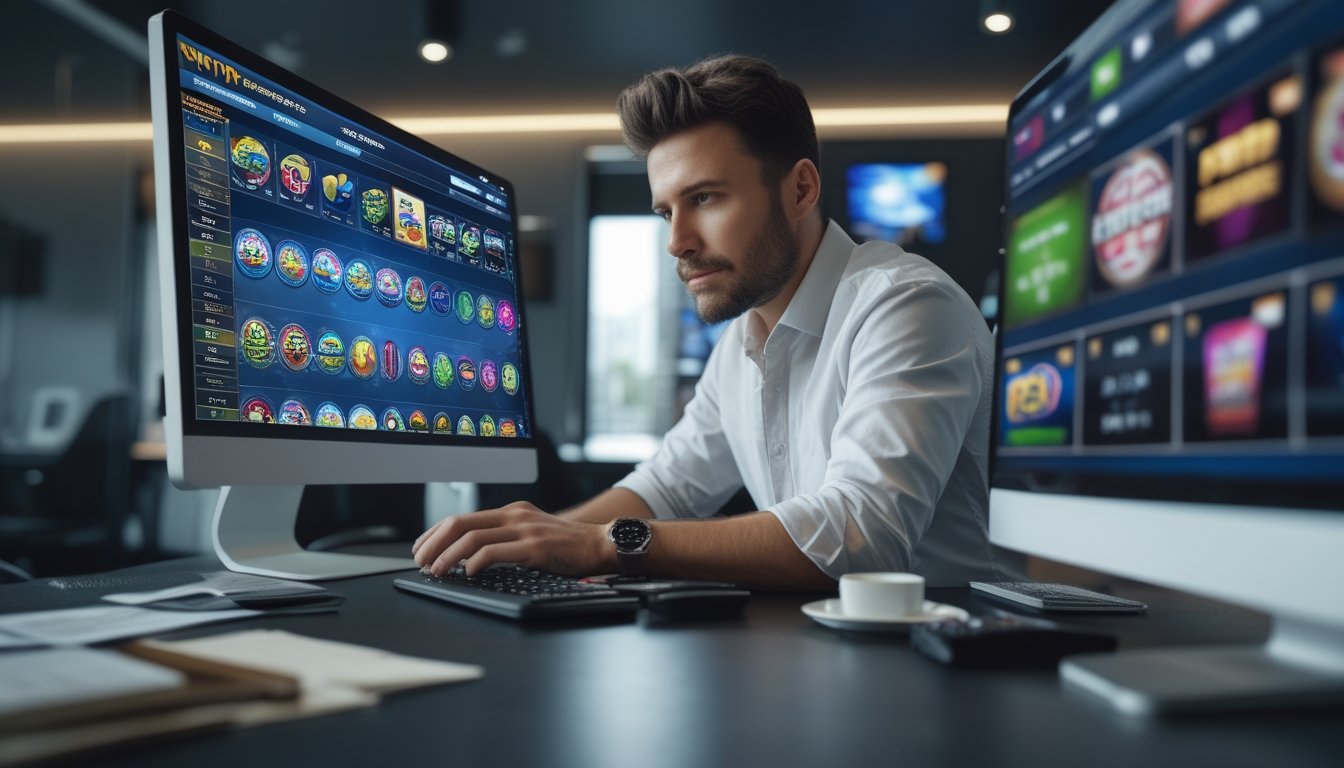 Seorang pria dewasa duduk di meja dengan beberapa layar komputer yang menampilkan permainan slot online dan grafik statistik RTP, sedang fokus menganalisis data sebelum memasang taruhan.