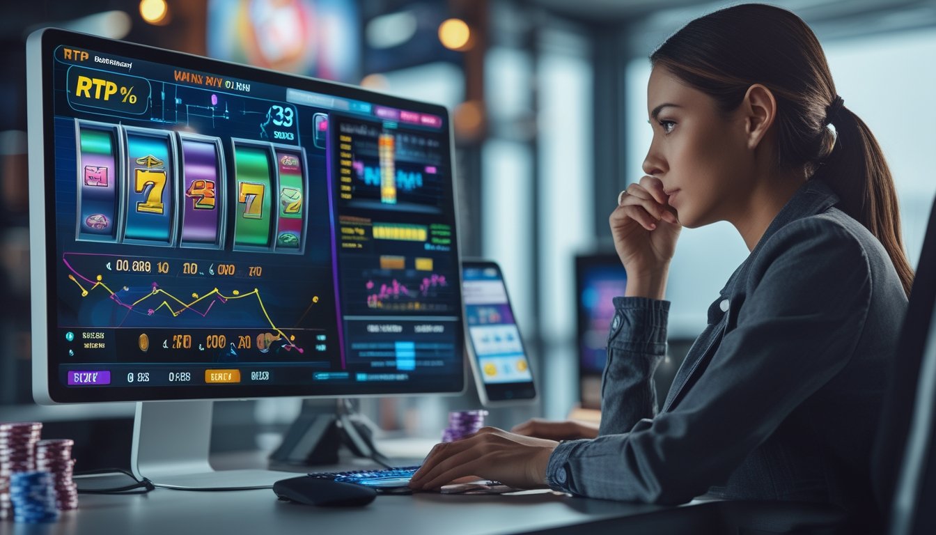 Seorang pemain sedang melihat layar komputer yang menampilkan grafik dan data statistik slot online di ruangan modern.