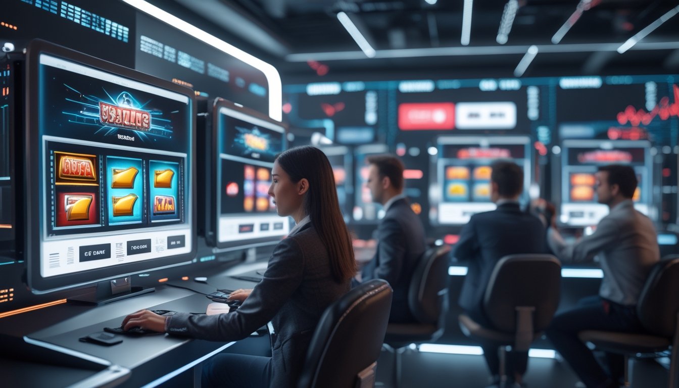 Orang-orang menggunakan komputer dan layar yang menampilkan permainan slot online dengan grafik warna-warni di ruangan modern.