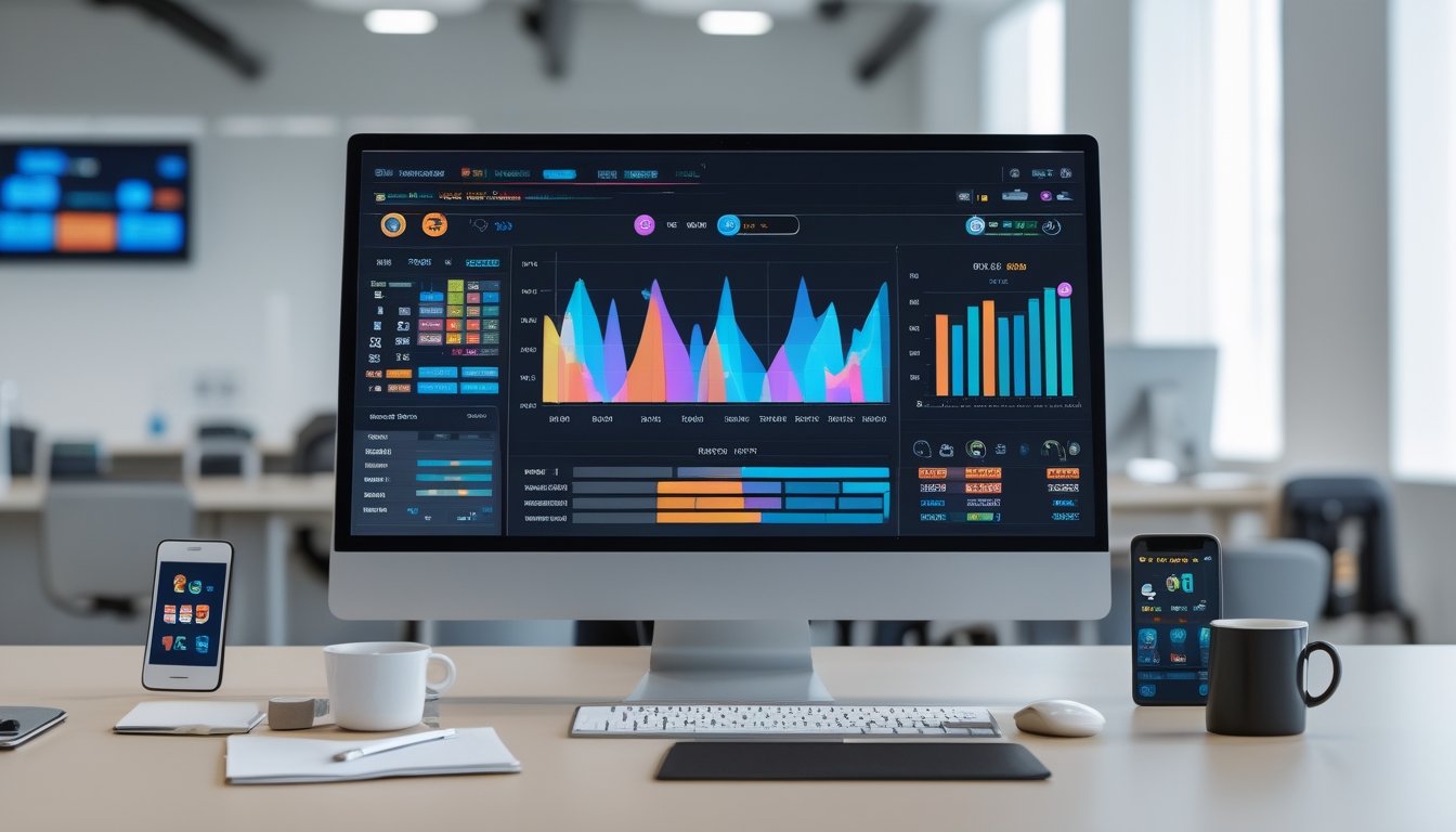 Seorang profesional di depan komputer dengan grafik data slot online real-time di layar dalam ruang kantor modern.