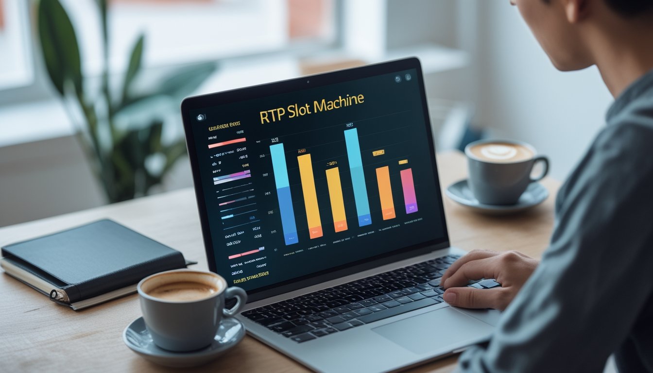 Seseorang sedang menganalisis data persentase RTP mesin slot online di depan laptop di ruang kerja yang rapi.
