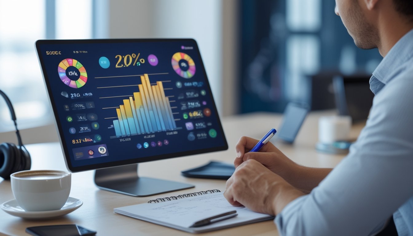 Seseorang sedang menganalisis data persentase RTP pada layar komputer di ruang kantor yang terang dan rapi.