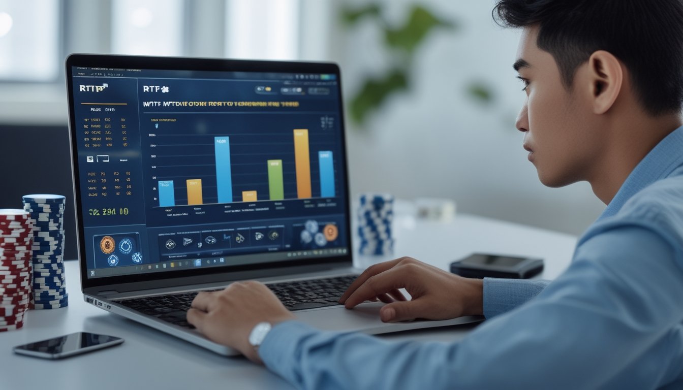 Seorang pria muda duduk di depan laptop yang menampilkan grafik data terkait permainan online, dengan kartu dan chip poker di meja.