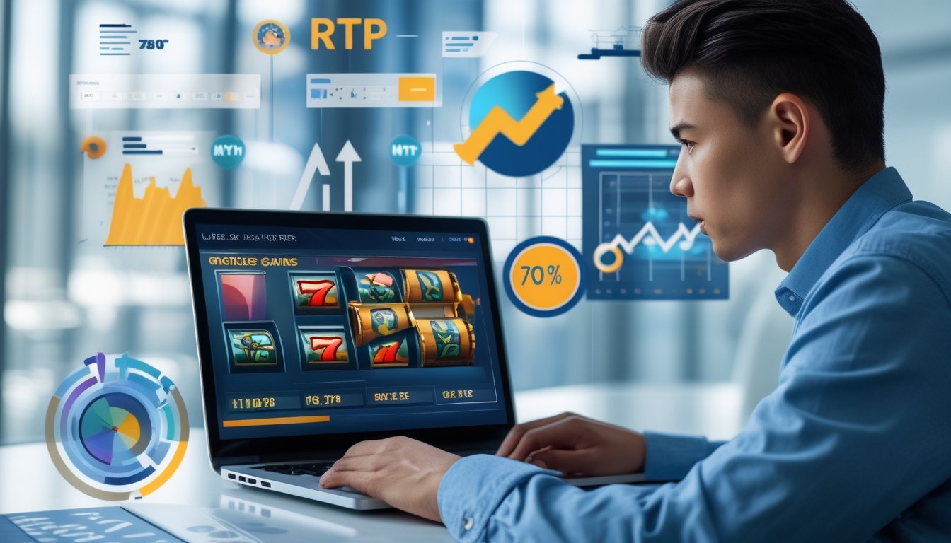 Seorang dewasa muda sedang duduk di depan laptop dengan tampilan permainan slot online dan analisis grafik di sekitarnya.