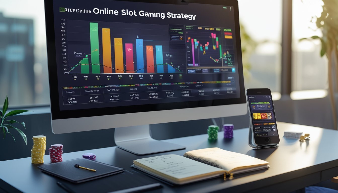 Meja kerja modern dengan komputer yang menampilkan grafik dan catatan strategi bermain slot online, dilengkapi dengan smartphone dan perlengkapan terkait.