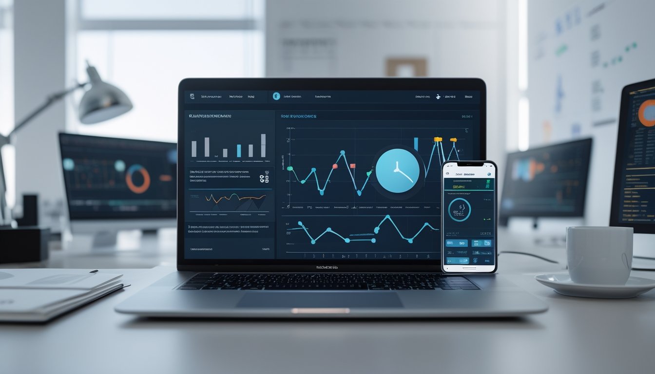 Sebuah ruang kerja modern dengan laptop dan ponsel yang menampilkan data dan grafik terkait aplikasi RTP online, di lingkungan kantor yang terang dan rapi.