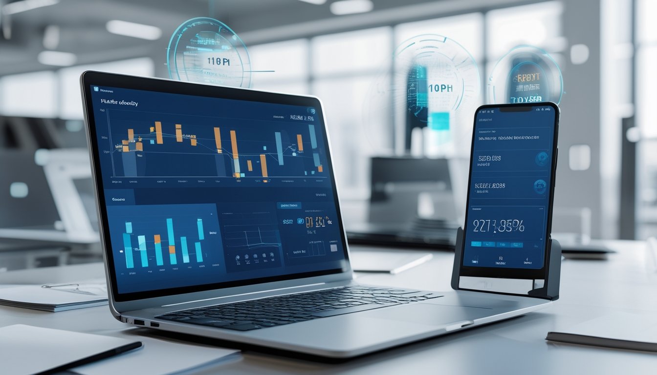Sebuah ruang kerja modern dengan laptop menampilkan grafik dan data, smartphone dengan tampilan situs web, dan latar kantor yang terang dan rapi.
