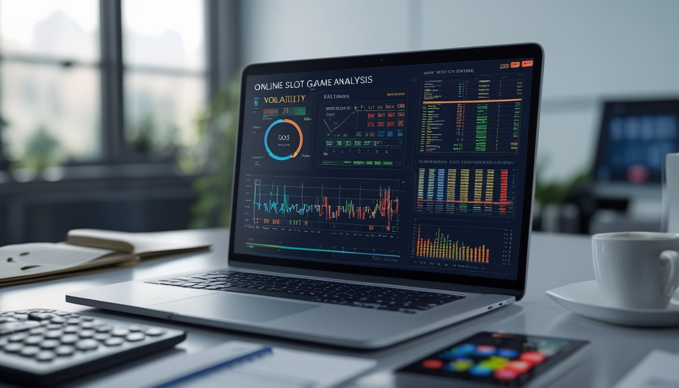 Meja kerja dengan laptop yang menampilkan grafik dan data analisis permainan slot online, dikelilingi oleh kalkulator dan catatan.