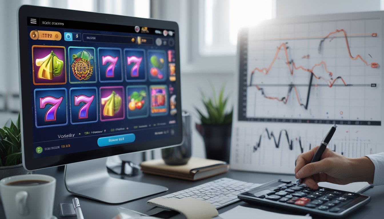 Seseorang sedang menghitung dan menganalisis data permainan slot online dengan komputer yang menampilkan grafik dan simbol slot di meja kerja.