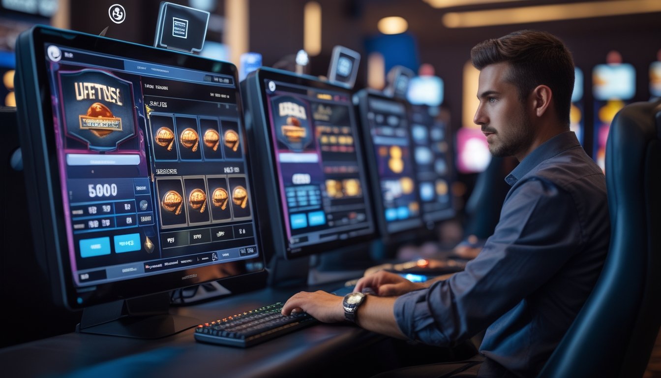 Seorang pemain slot profesional yang fokus sedang menganalisis data RTP di layar komputer dalam suasana gaming modern.