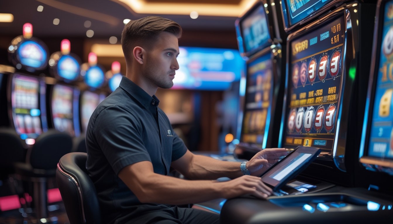 Seorang pemain slot profesional fokus menggunakan tablet di depan mesin slot di kasino modern dengan layar digital dan grafik data.