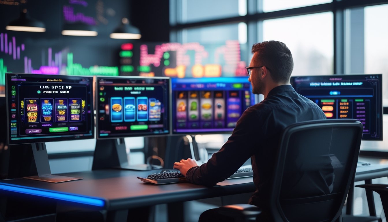 Seseorang duduk di depan beberapa monitor yang menampilkan permainan slot dan data RTP secara langsung di ruang kantor modern.