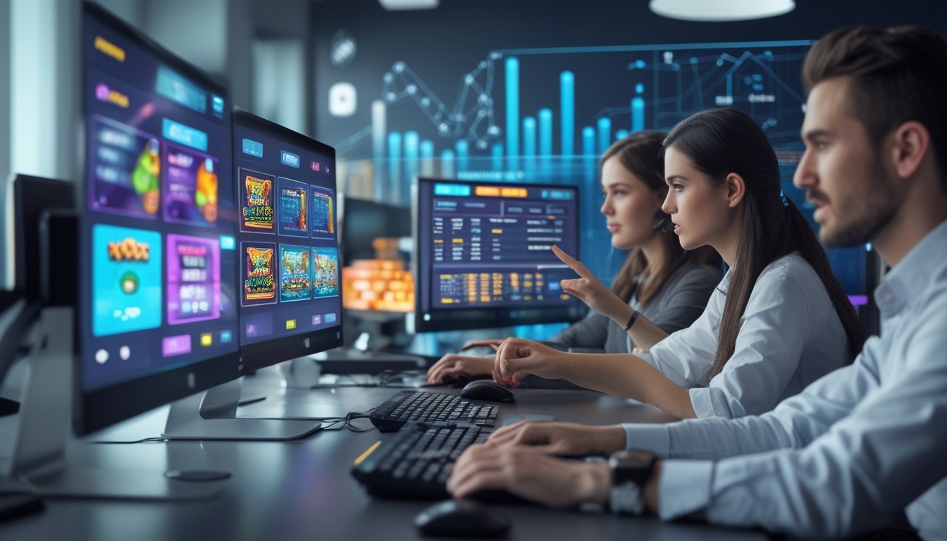 Orang-orang sedang menggunakan komputer dengan tampilan permainan slot dan statistik RTP secara langsung di layar.