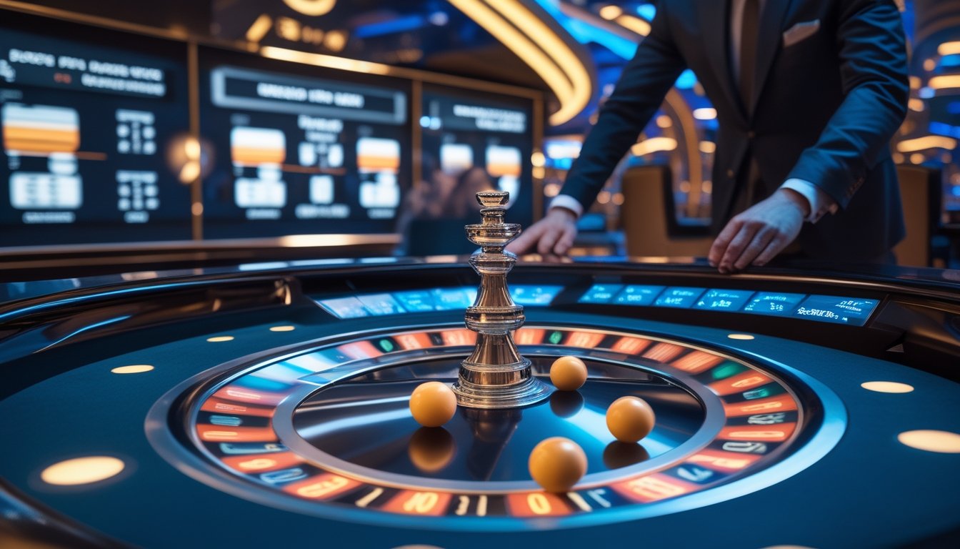 Seorang pemain di meja roulette dengan dua bola yang berputar, dikelilingi oleh layar digital yang menampilkan data statistik dalam suasana kasino modern.