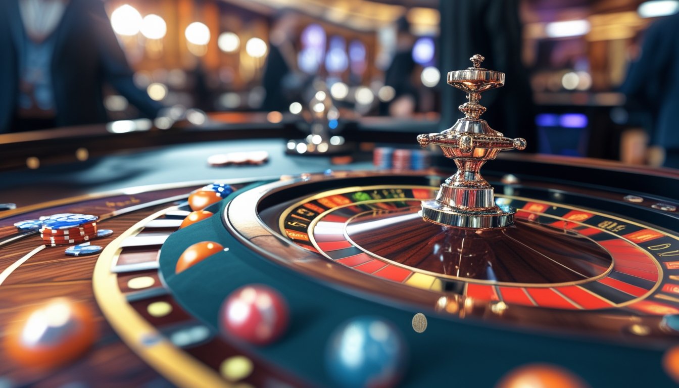Meja roulette dengan dua bola berputar secara bersamaan dan beberapa pemain di latar belakang.