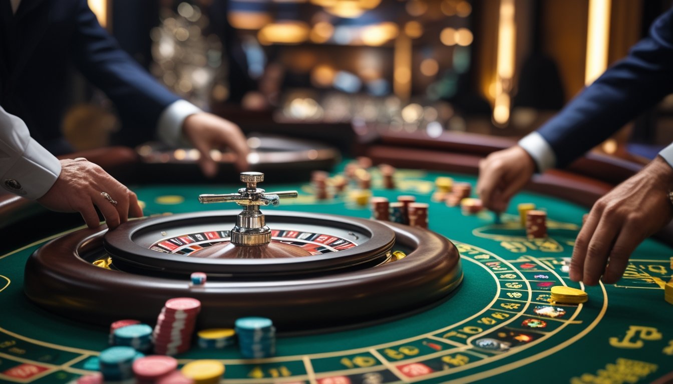 Meja kasino dengan permainan roulette bola ganda sedang berlangsung, menunjukkan roda roulette dengan dua bola putih dan beberapa pemain memasang taruhan.