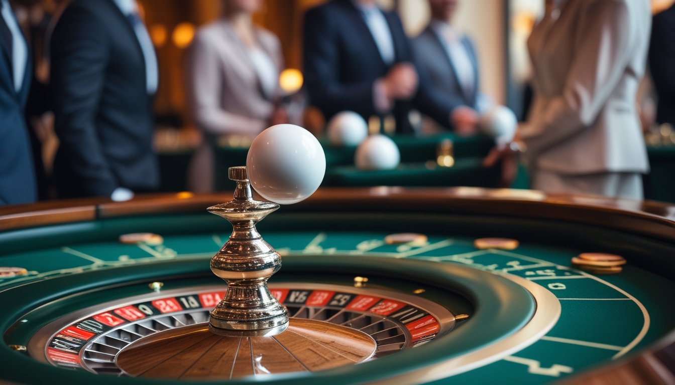 Meja roulette dengan dua bola putih berputar di atas roda roulette dan beberapa orang mengamati permainan.
