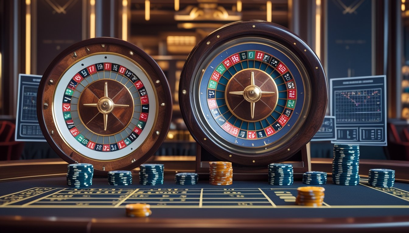 Dua roda roulette, satu dengan satu bola dan satu dengan dua bola, di atas meja kasino dengan chip dan grafik analisis di latar belakang.